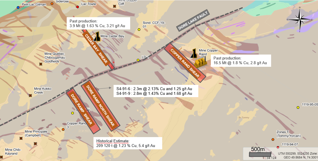 Figure 1. Localisation des zones de cisaillement Rampe Doré et Rampe Doré Nord par rapport à l’ancien site minier de Copper Rand (mine et usine) et à l’ancienne mine Cedar Bay. 